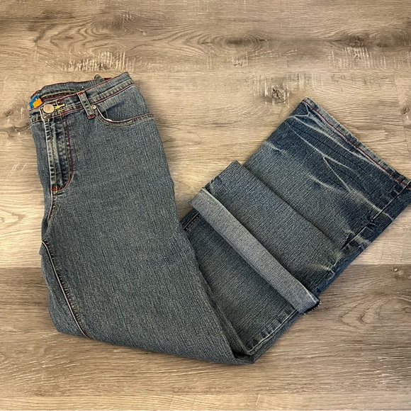 Y2K Kaycie faded flare denim jeans low rise red stitching and folded pockets - Picture 5 of 7